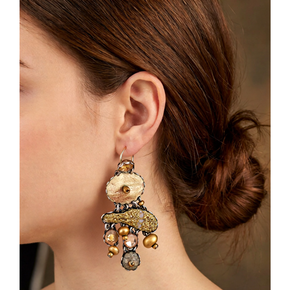 Vintage Ayala Bar Chandelier gold beaded embroidery crystals signed earrings